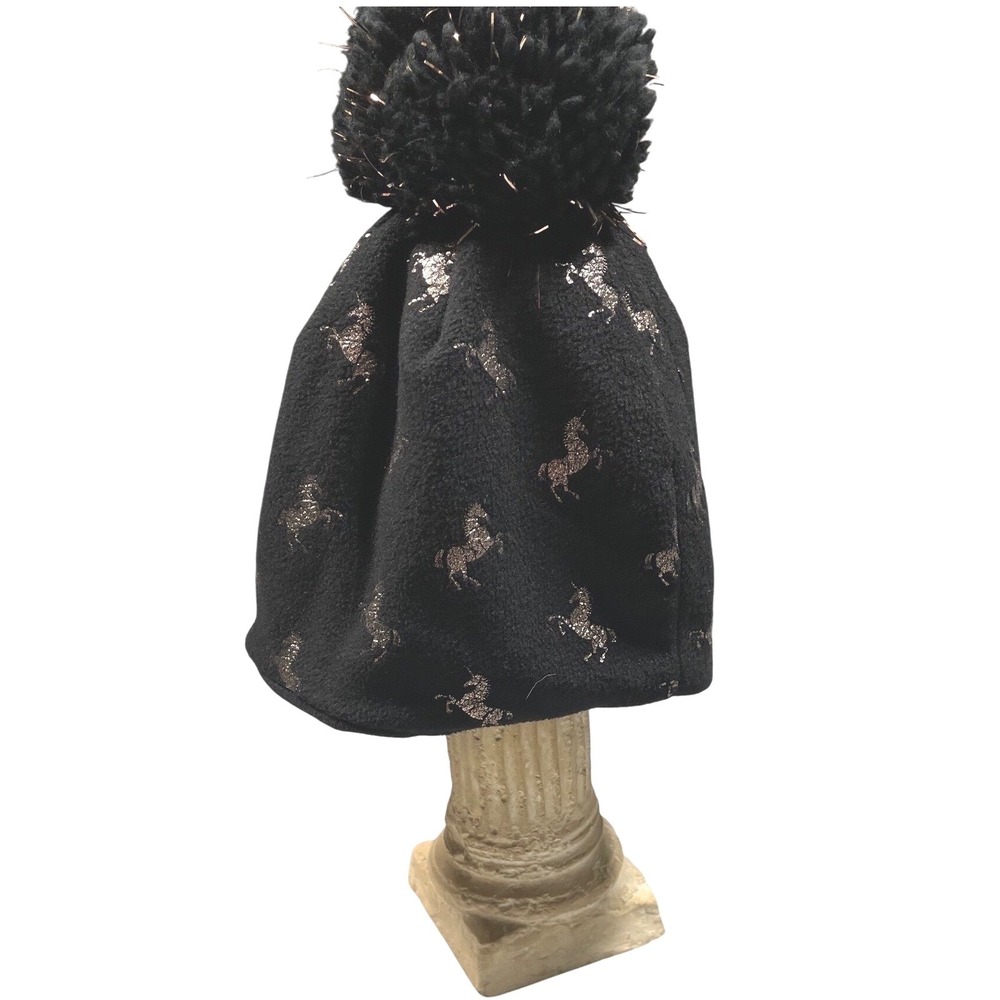 Gap Kids Black Unicorn Fleece Beanie Lined Hat with Pom Bling Sparkly Size S/M